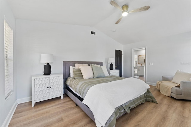 15703 Jericho Dr, Odessa, FL 33556 - bedroom featuring vaulted ceiling, light wood-type flooring, baseboards, and a ceiling fan