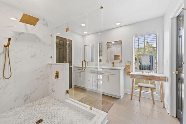 15703 Jericho Dr, Odessa, FL 33556 - full bathroom featuring a marble finish shower, vanity, recessed lighting, and tile patterned floors