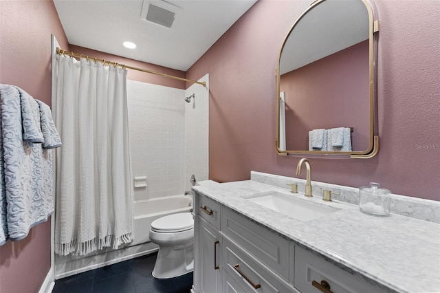 15703 Jericho Dr, Odessa, FL 33556 - bathroom featuring tile patterned flooring, vanity, toilet, and shower / bathtub combination with curtain