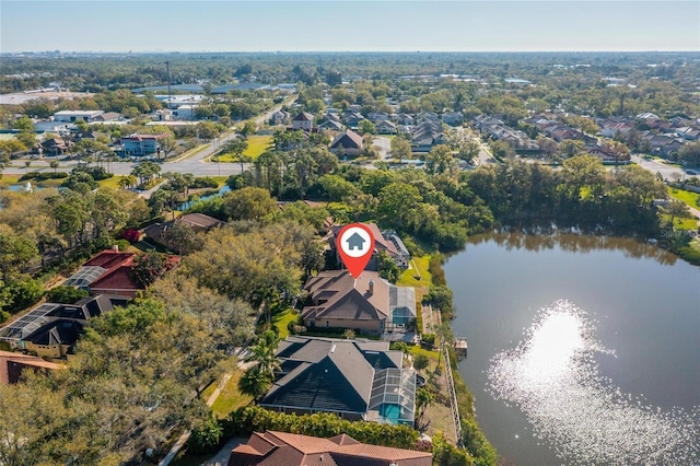 drone / aerial view featuring a water view