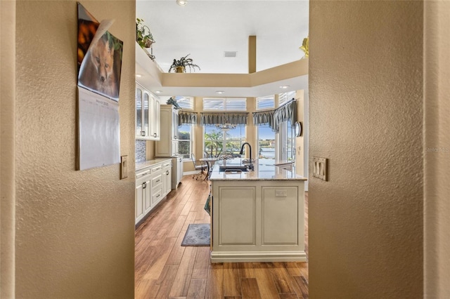 kitchen with a center island with sink, a sink, light wood finished floors, light stone countertops, and a textured wall