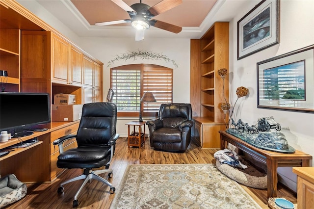 office area featuring wood finished floors and ceiling fan