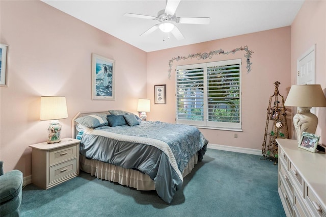 bedroom featuring carpet flooring, ceiling fan, and baseboards