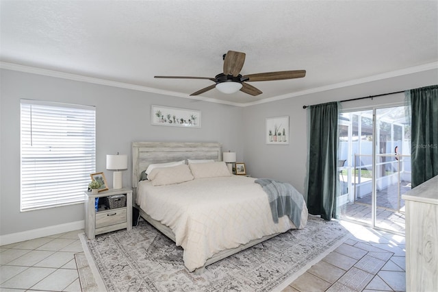 bedroom with light tile patterned floors, a ceiling fan, baseboards, crown molding, and access to outside