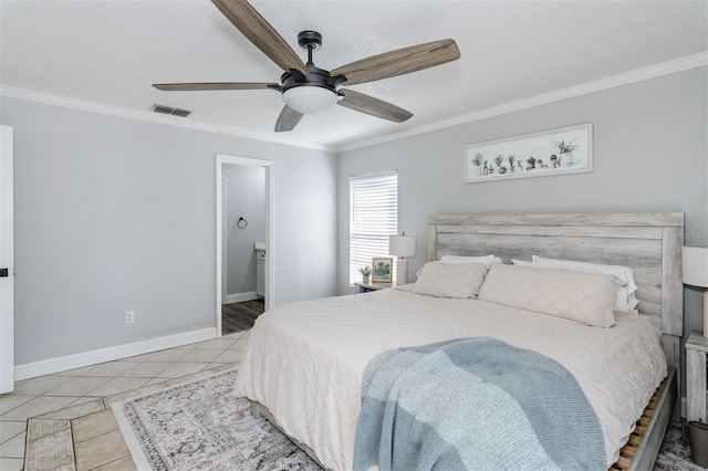 tiled bedroom with visible vents, a ceiling fan, crown molding, and baseboards