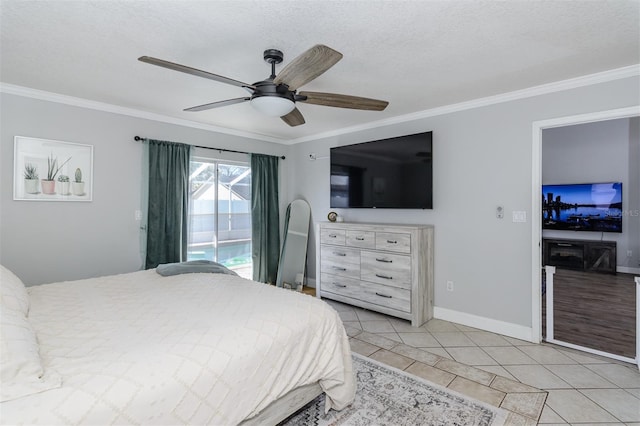 bedroom featuring crown molding, light tile patterned floors, baseboards, and ceiling fan