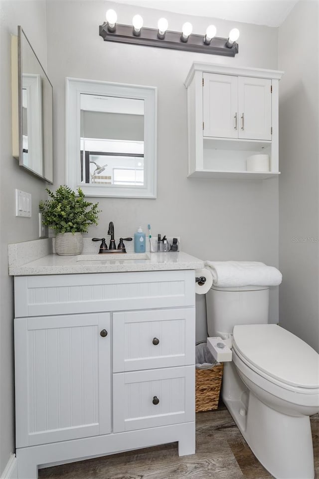 half bath featuring toilet, vanity, and wood finished floors