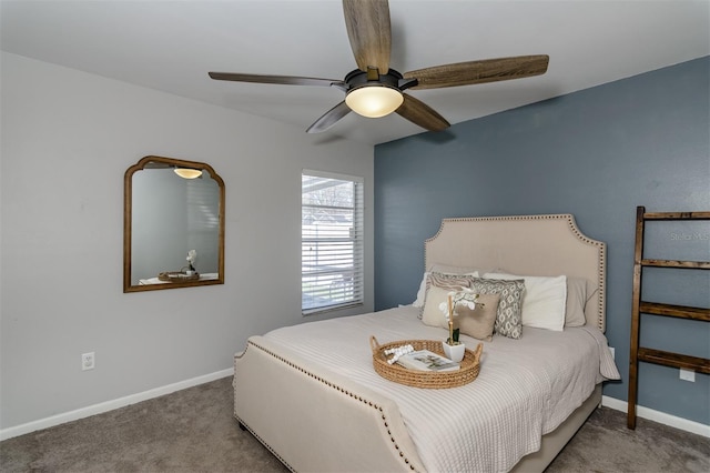 bedroom with carpet flooring, a ceiling fan, and baseboards