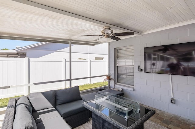 sunroom / solarium featuring wooden ceiling, beamed ceiling, and ceiling fan