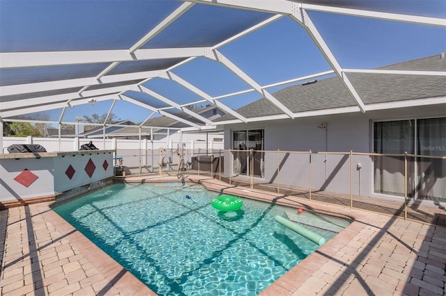 view of pool featuring a fenced in pool, a patio, a lanai, and fence