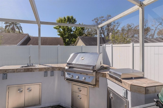 view of patio with grilling area, area for grilling, a fenced backyard, and a sink