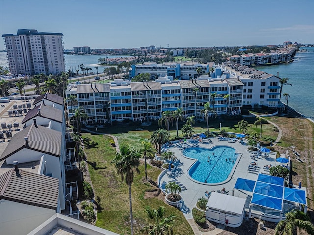 aerial view featuring a water view and a view of city