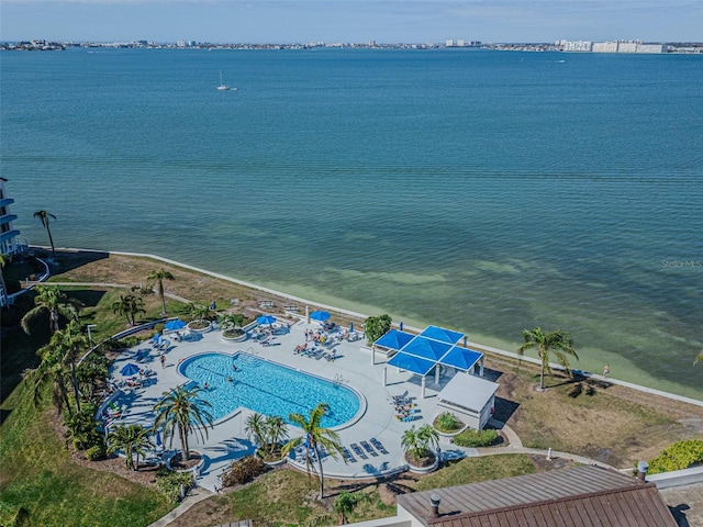 birds eye view of property featuring a water view