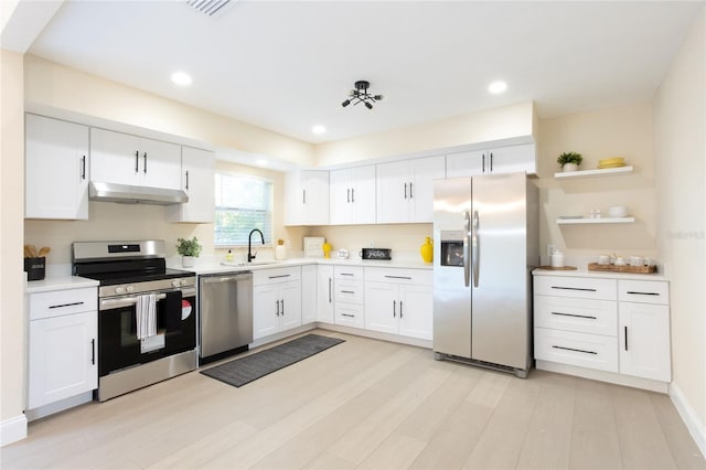 kitchen featuring under cabinet range hood, stainless steel appliances, light countertops, and white cabinetry