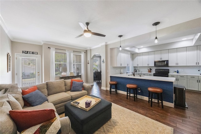 living area featuring arched walkways, dark wood finished floors, crown molding, and baseboards