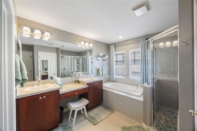 bathroom featuring a shower stall, a bath, visible vents, and a sink