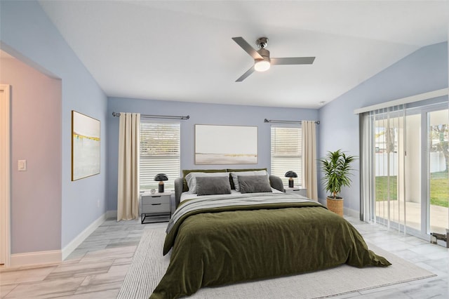 bedroom with multiple windows, baseboards, lofted ceiling, and access to outside