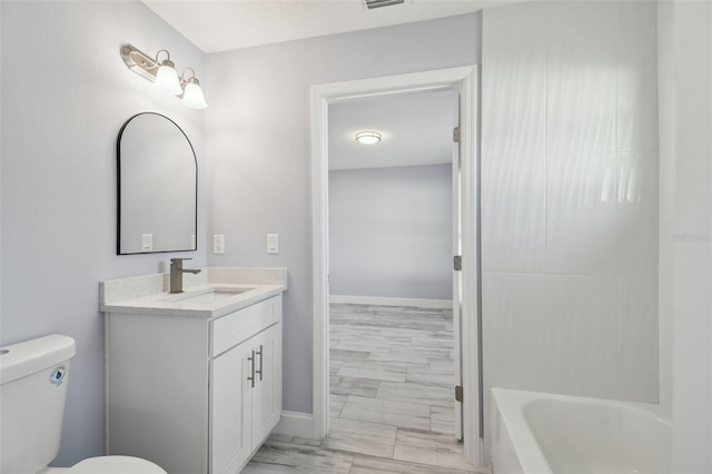 full bathroom with visible vents, toilet, vanity, and baseboards