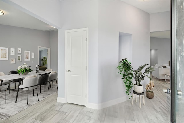 hallway with wood finished floors, baseboards, and a towering ceiling