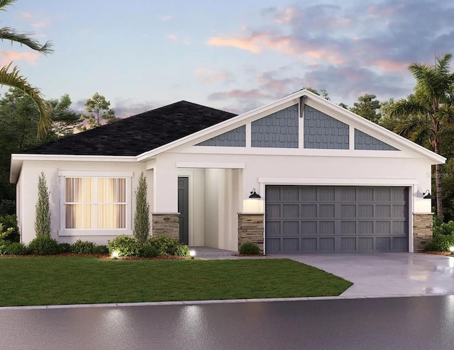 view of front of home with concrete driveway, a garage, stone siding, and stucco siding