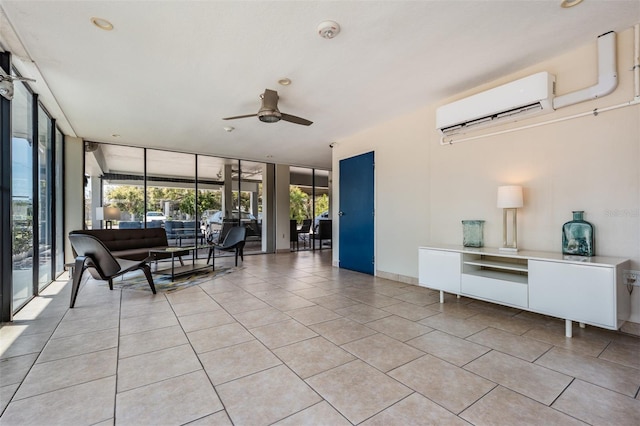 interior space with a ceiling fan and a wall mounted air conditioner