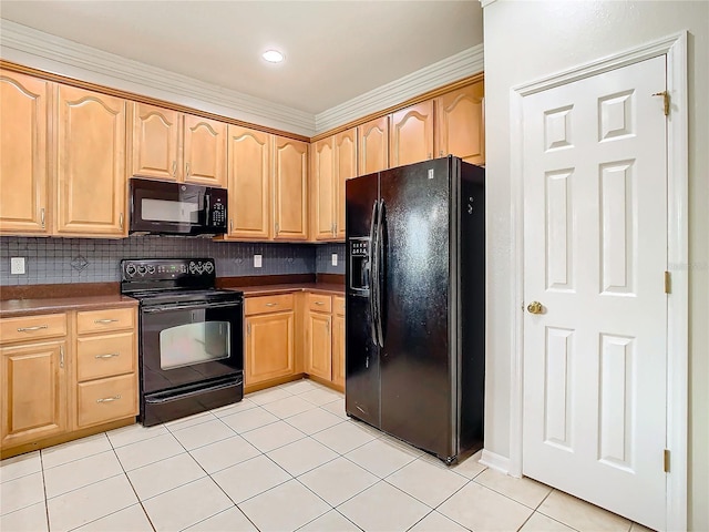 kitchen with black appliances, light tile patterned floors, dark countertops, and backsplash