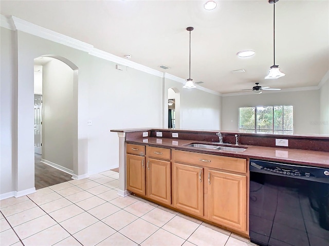 kitchen featuring arched walkways, dishwasher, crown molding, and a sink