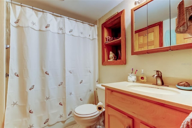 full bathroom with vanity, a shower with shower curtain, and toilet