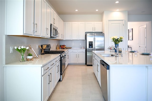 kitchen featuring recessed lighting, white cabinets, appliances with stainless steel finishes, and a sink