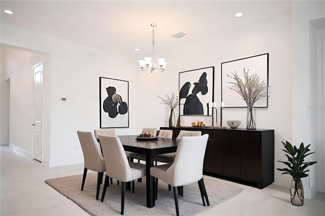 dining room featuring recessed lighting, visible vents, and an inviting chandelier