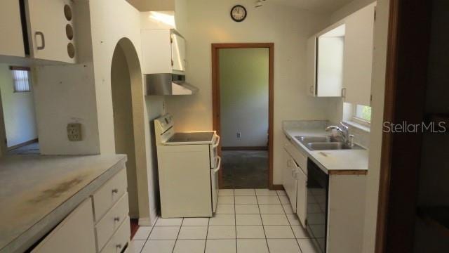 kitchen featuring a sink, extractor fan, white cabinets, dishwasher, and white electric range