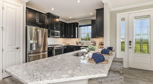 kitchen featuring a sink, stainless steel appliances, dark cabinetry, and crown molding