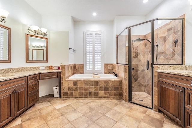 full bath featuring a bath, recessed lighting, a shower stall, and vanity