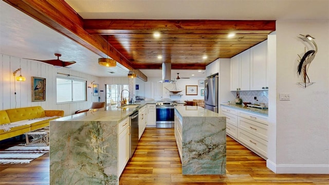 kitchen with a peninsula, light wood-style flooring, a sink, appliances with stainless steel finishes, and a barn door