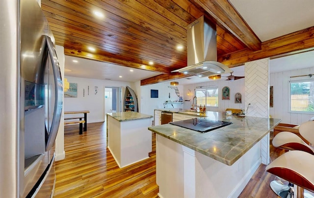 kitchen featuring stainless steel counters, light wood-style flooring, a peninsula, island exhaust hood, and stainless steel appliances