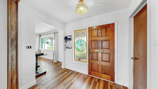 entryway with baseboards and wood finished floors