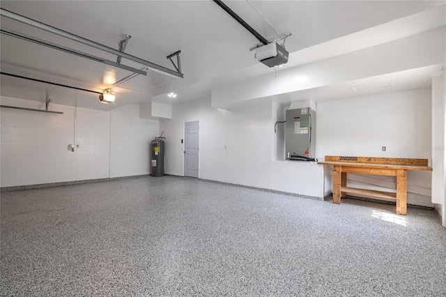 garage with heating unit, a garage door opener, and electric water heater