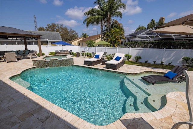 view of pool with an outdoor living space, a fenced in pool, a gazebo, an in ground hot tub, and a patio