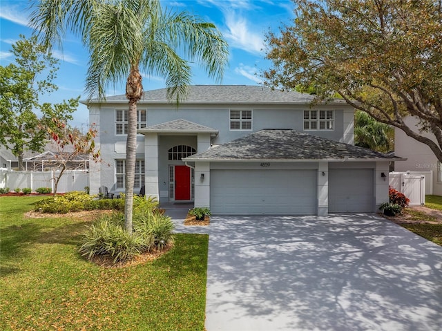 traditional-style house with stucco siding, fence, concrete driveway, a front yard, and a garage