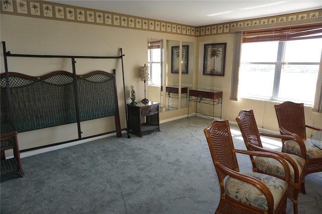 living area with baseboards and carpet