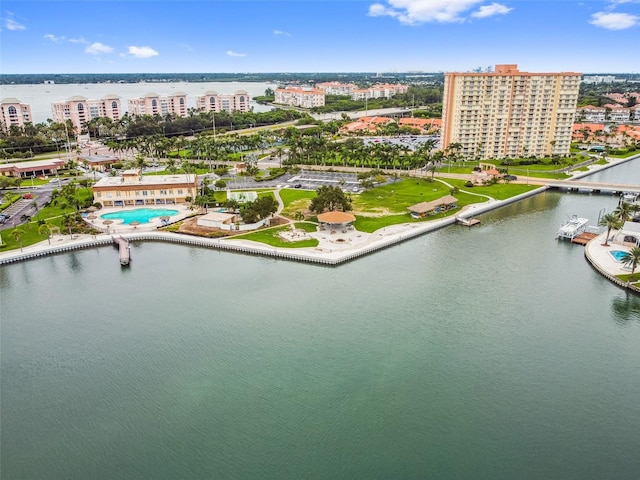 aerial view featuring a city view and a water view