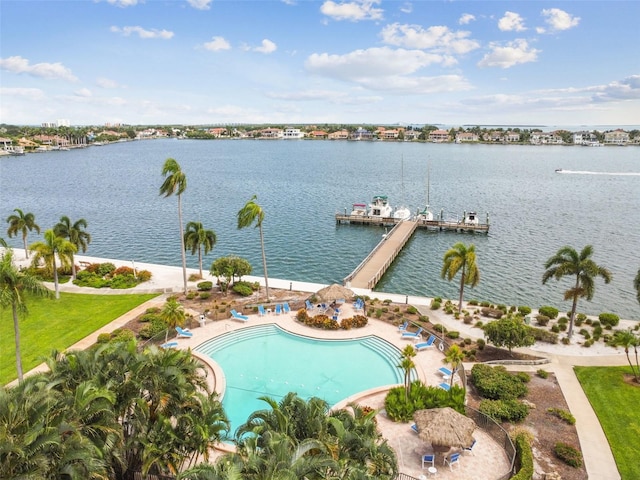 drone / aerial view featuring a water view