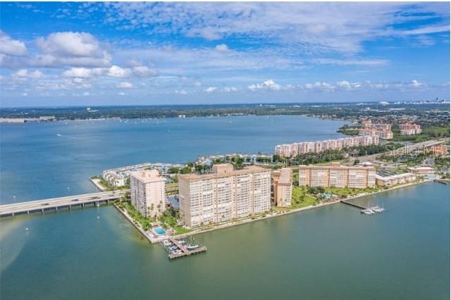 aerial view with a water view and a city view