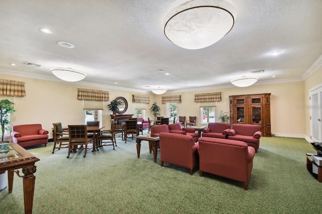 living area with crown molding, carpet flooring, visible vents, and a textured ceiling