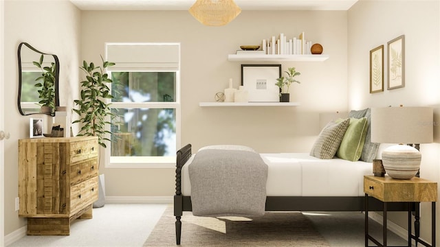 carpeted bedroom featuring multiple windows and baseboards