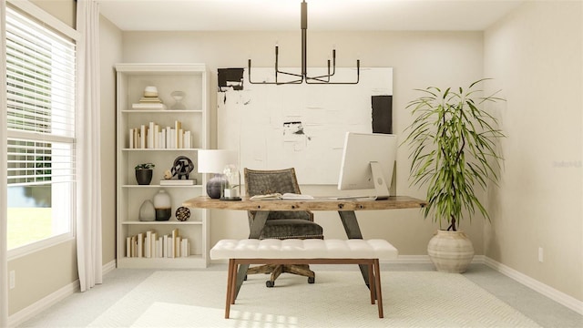 home office featuring a wealth of natural light, an inviting chandelier, carpet, and baseboards