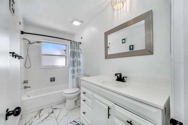 full bathroom with vanity, toilet, shower / bath combo, and marble finish floor