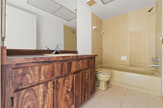 full bathroom with tile patterned flooring, visible vents, toilet, vanity, and  shower combination