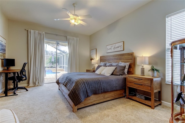 bedroom featuring carpet floors, a ceiling fan, baseboards, and access to outside