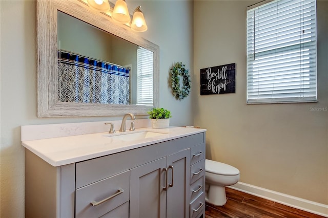 bathroom with toilet, vanity, baseboards, and wood finished floors